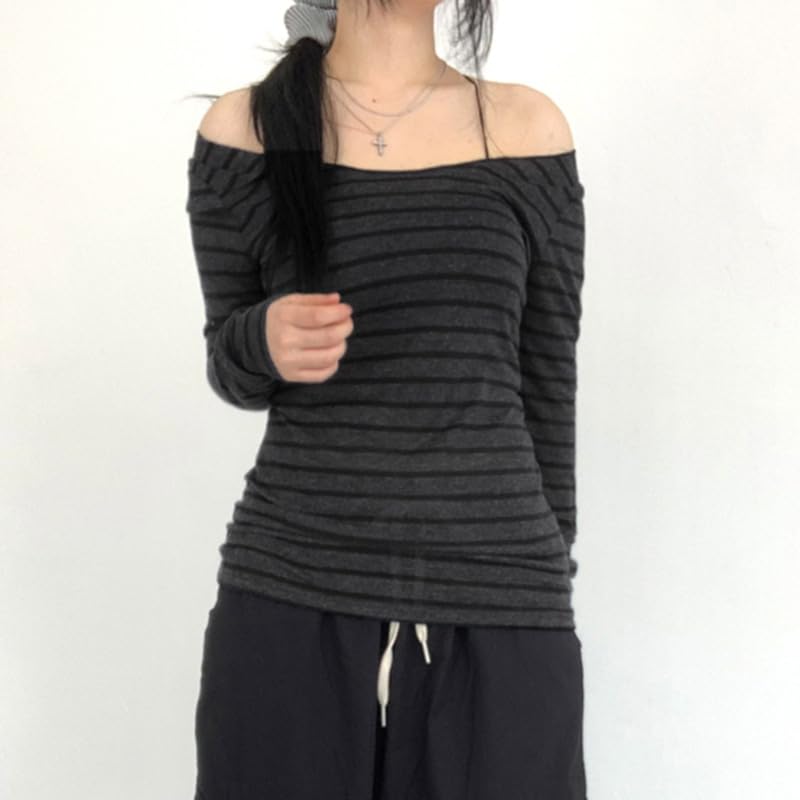 Womens Long Sleeve Grunge Striped Off Shoulder Streetwear Y2k Clothes