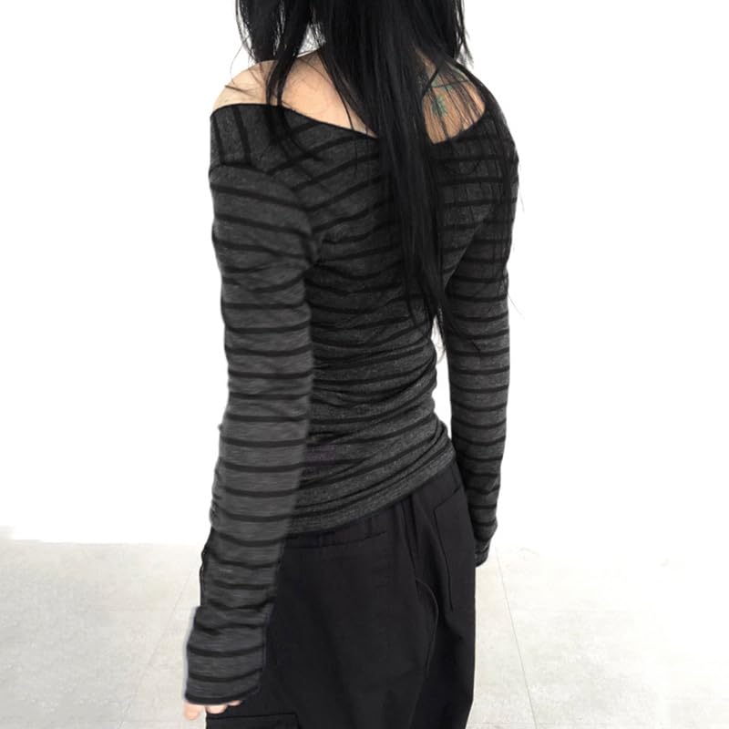 Womens Long Sleeve Grunge Striped Off Shoulder Streetwear Y2k Clothes