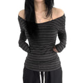 Womens Long Sleeve Grunge Striped Off Shoulder Streetwear Y2k Clothes
