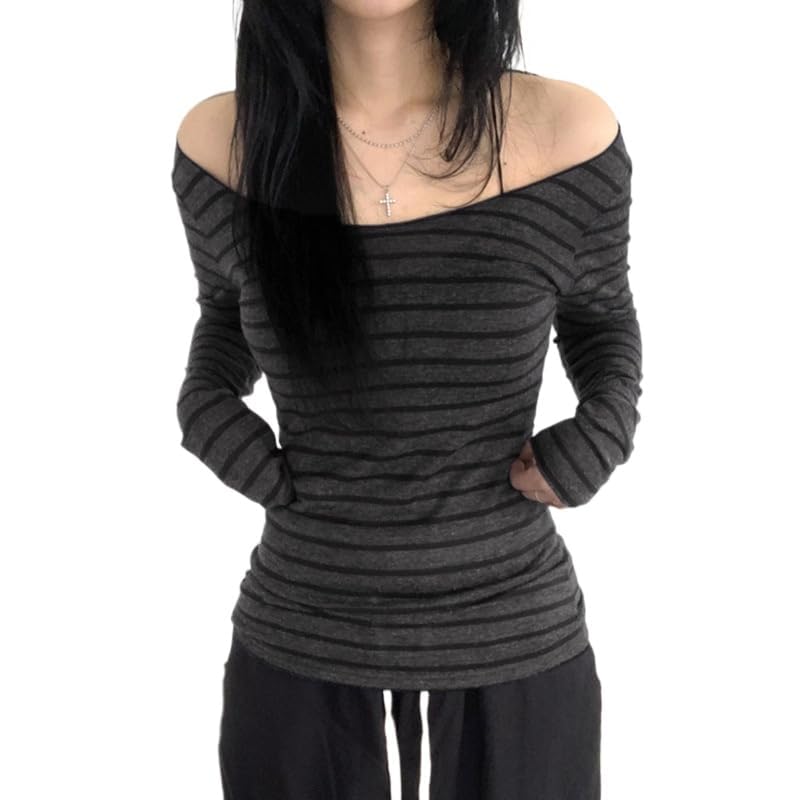 Womens Long Sleeve Grunge Striped Off Shoulder Streetwear Y2k Clothes