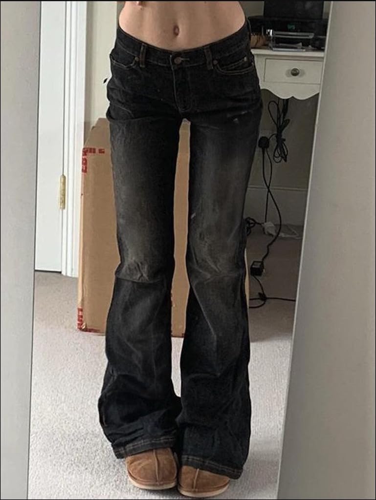 Women Bell Bottom Jeans  Flare Mid Rise Vintage Denim Pants 90s Y2k style