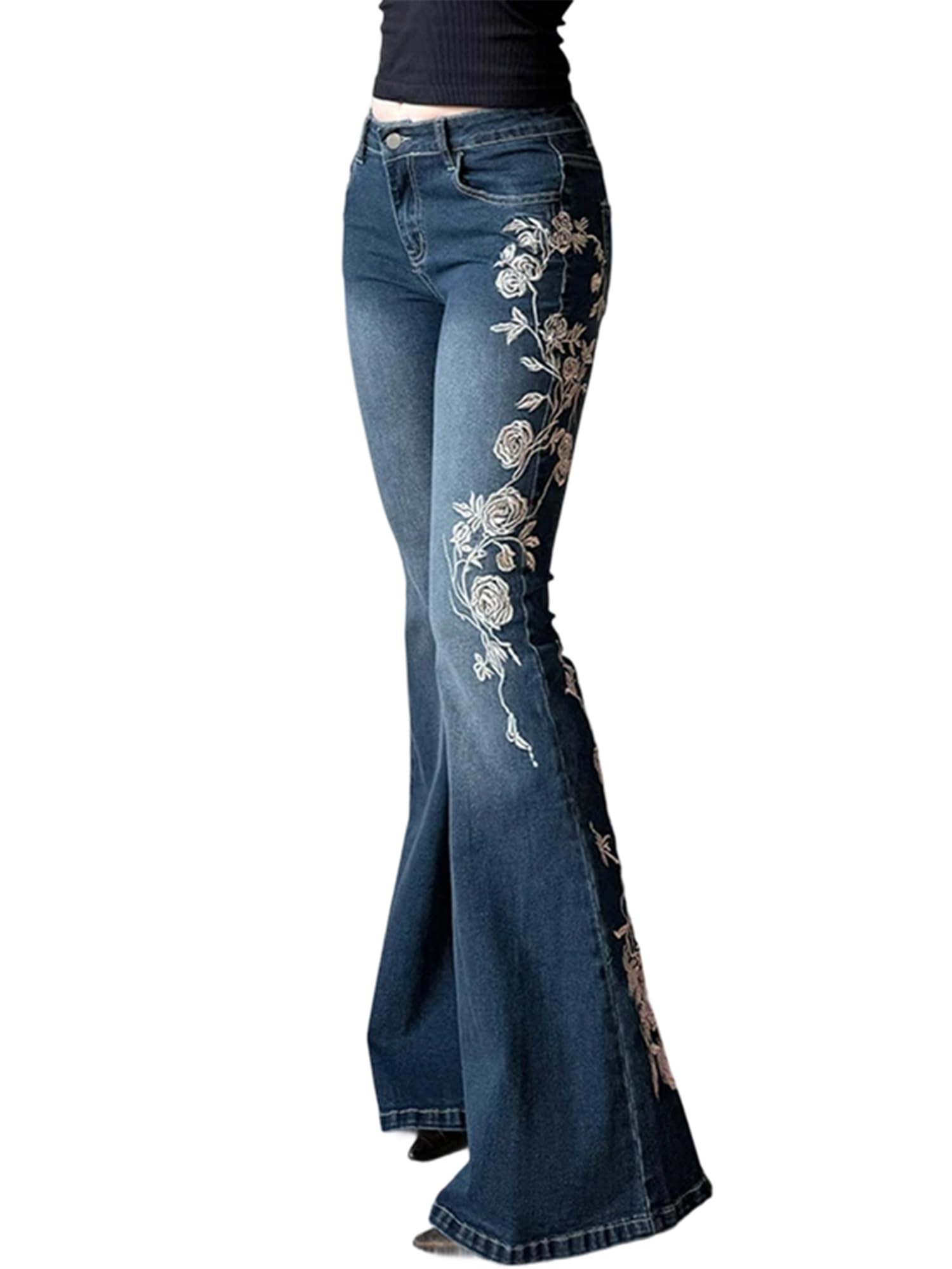 Women Bell Bottom Jeans  Flare Mid Rise Vintage Denim Pants 90s Y2k style