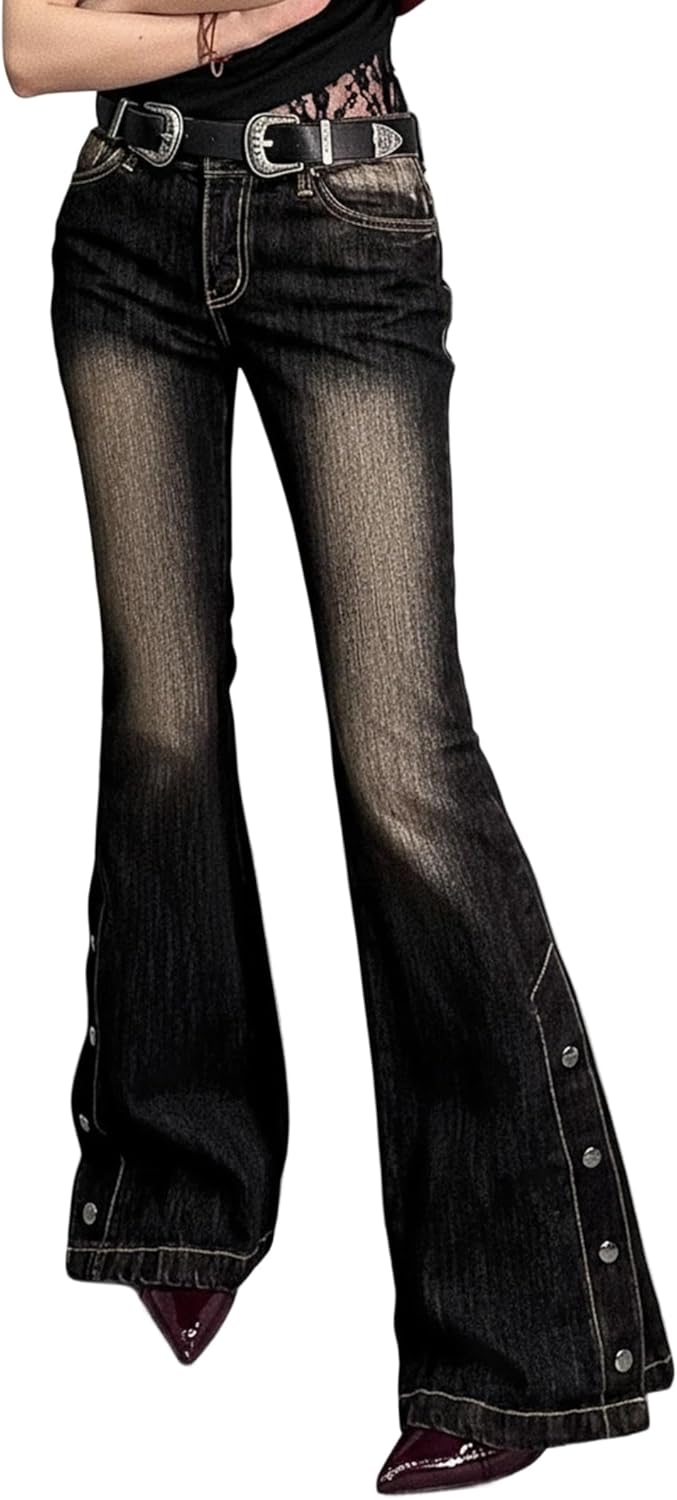 Women Bell Bottom Jeans  Flare Mid Rise Vintage Denim Pants 90s Y2k style