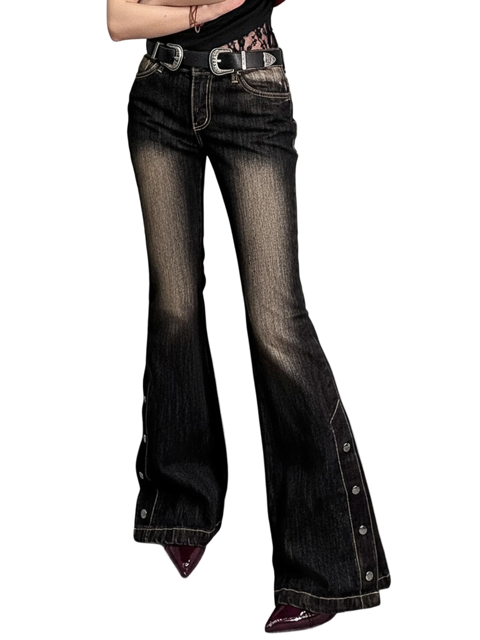 Women Bell Bottom Jeans  Flare Mid Rise Vintage Denim Pants 90s Y2k style