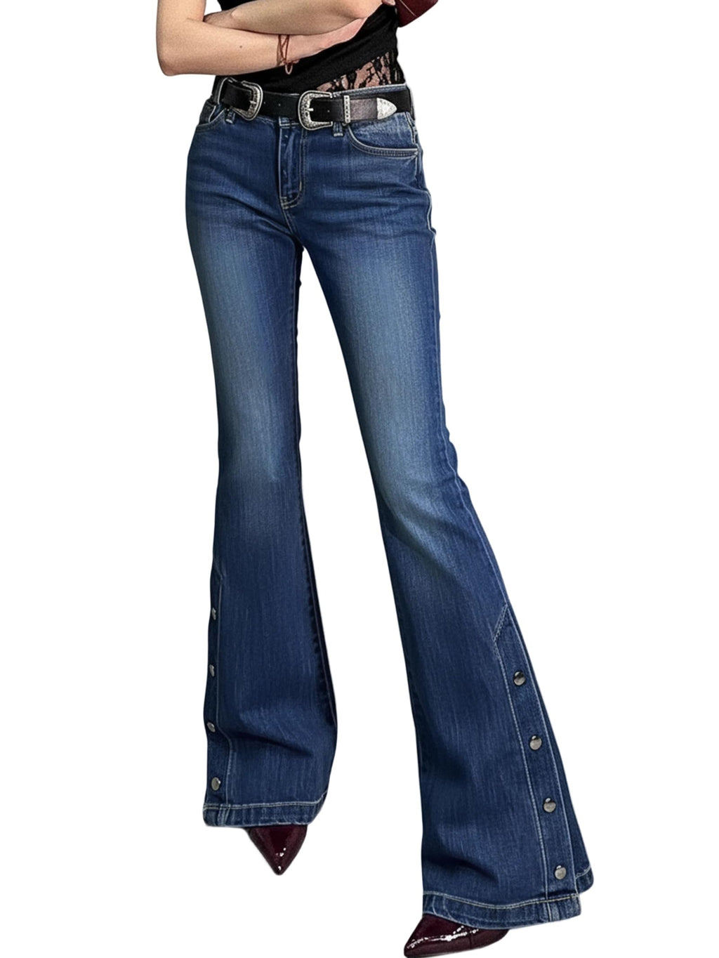 Women Bell Bottom Jeans  Flare Mid Rise Vintage Denim Pants 90s Y2k style