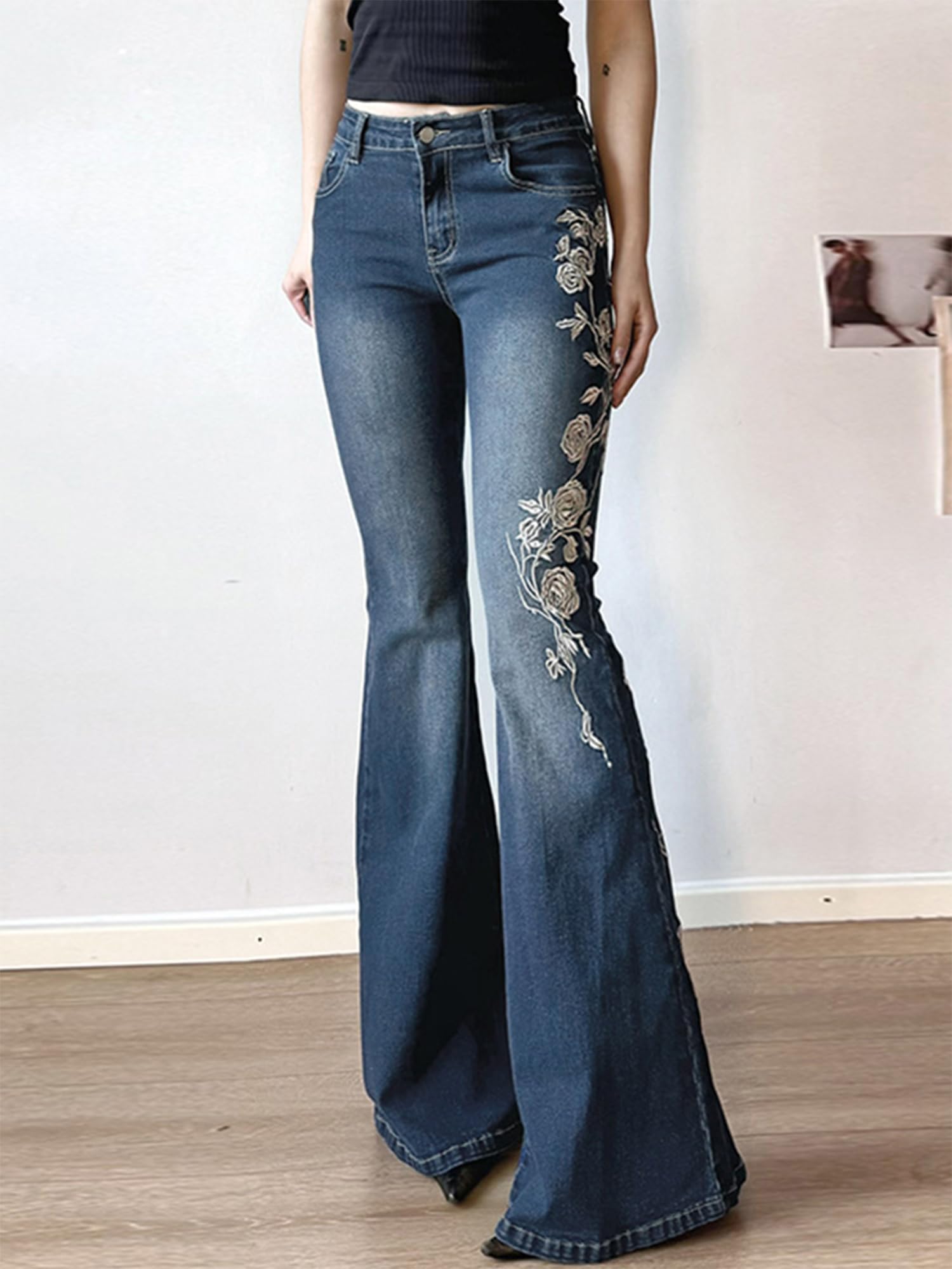 Women Bell Bottom Jeans  Flare Mid Rise Vintage Denim Pants 90s Y2k style