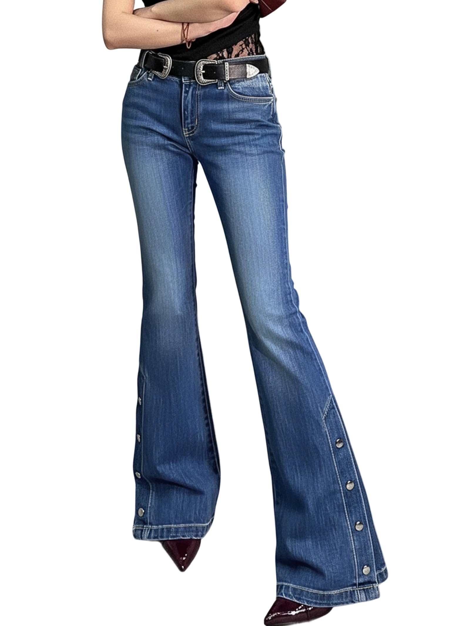 Women Bell Bottom Jeans  Flare Mid Rise Vintage Denim Pants 90s Y2k style