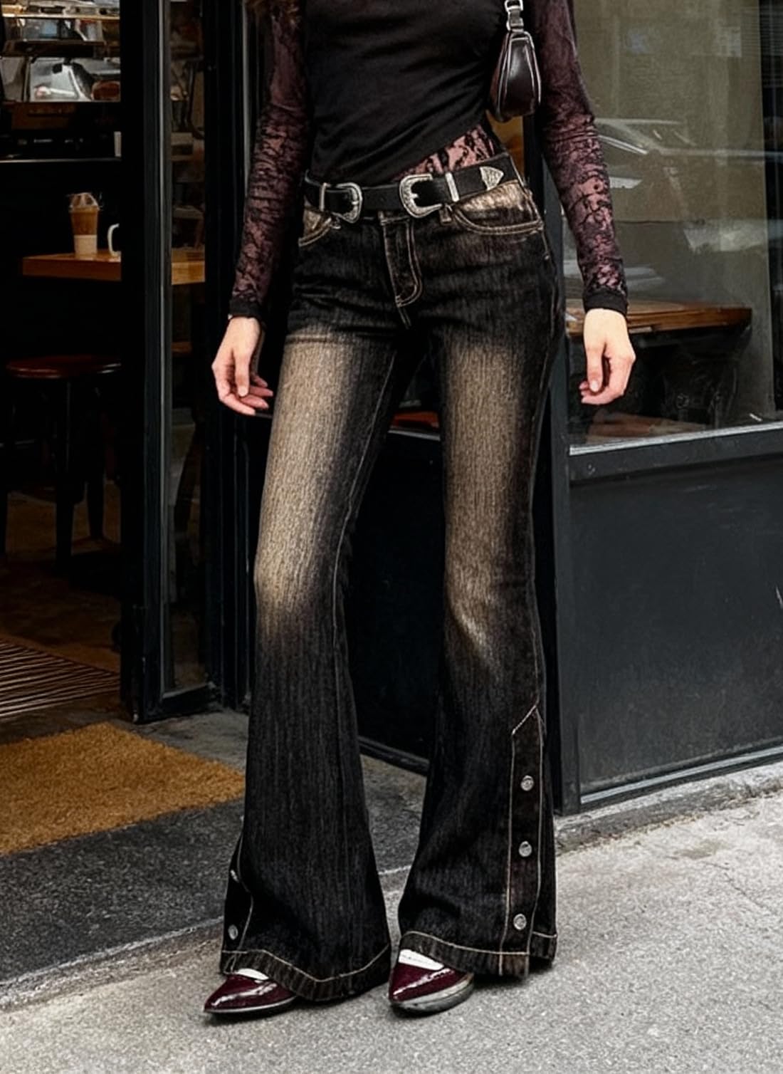 Women Bell Bottom Jeans  Flare Mid Rise Vintage Denim Pants 90s Y2k style