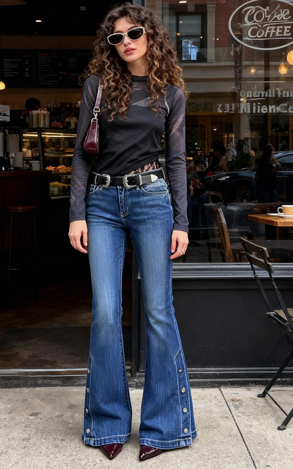 Women Bell Bottom Jeans  Flare Mid Rise Vintage Denim Pants 90s Y2k style