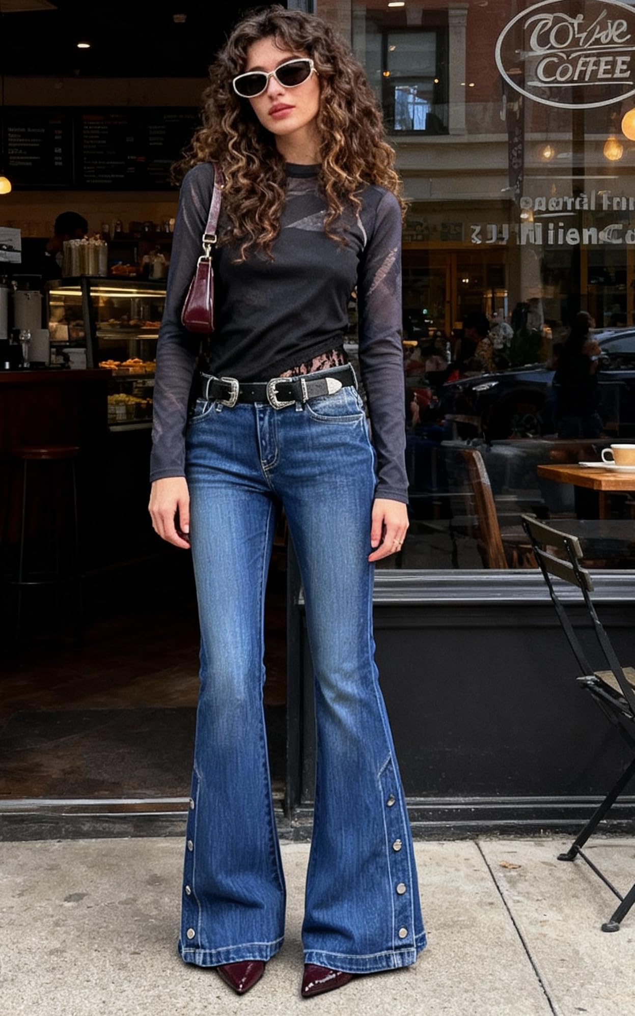 Women Bell Bottom Jeans  Flare Mid Rise Vintage Denim Pants 90s Y2k style