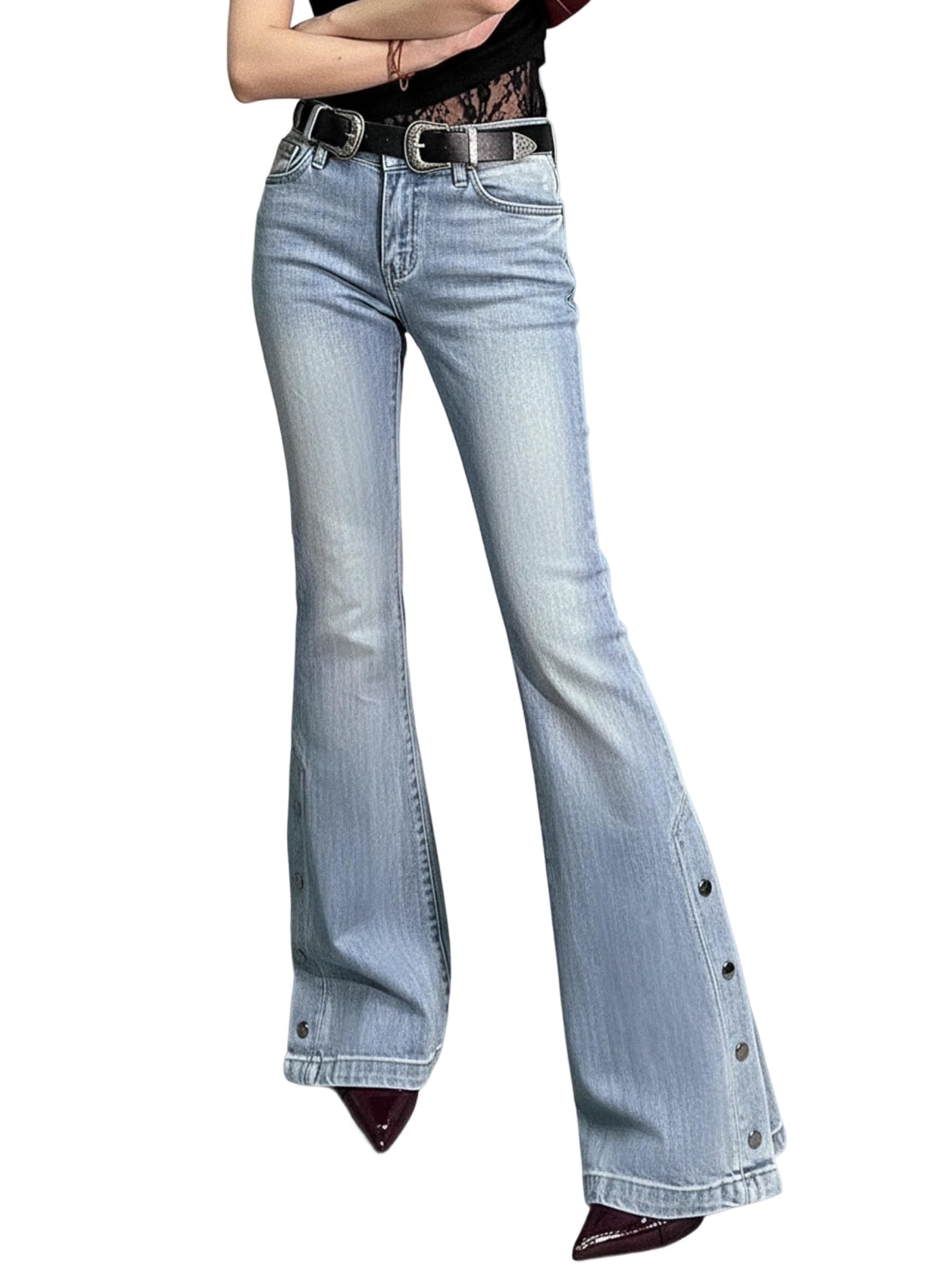 Women Bell Bottom Jeans  Flare Mid Rise Vintage Denim Pants 90s Y2k style