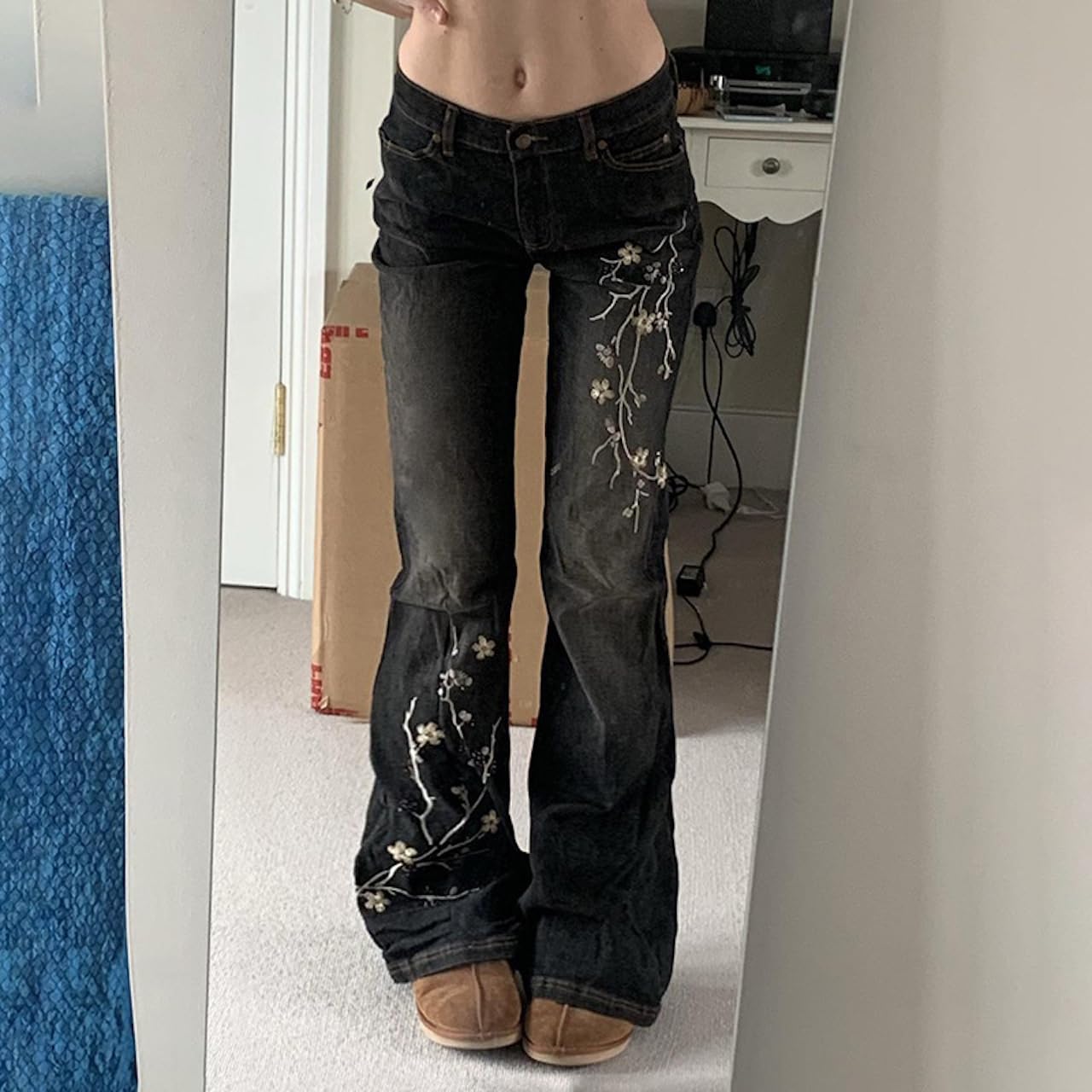 Women Bell Bottom Jeans  Flare Mid Rise Vintage Denim Pants 90s Y2k style