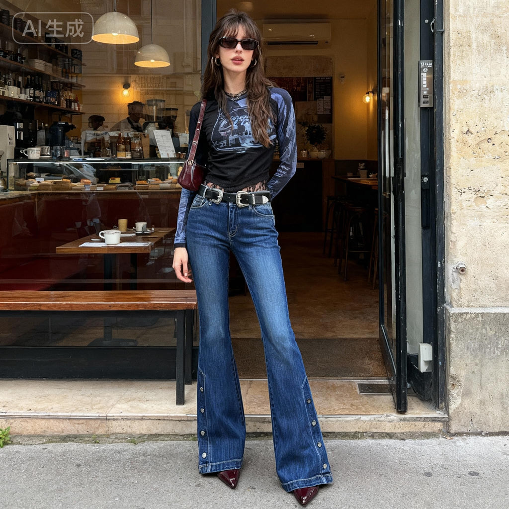 Women Bell Bottom Jeans  Flare Mid Rise Vintage Denim Pants 90s Y2k style