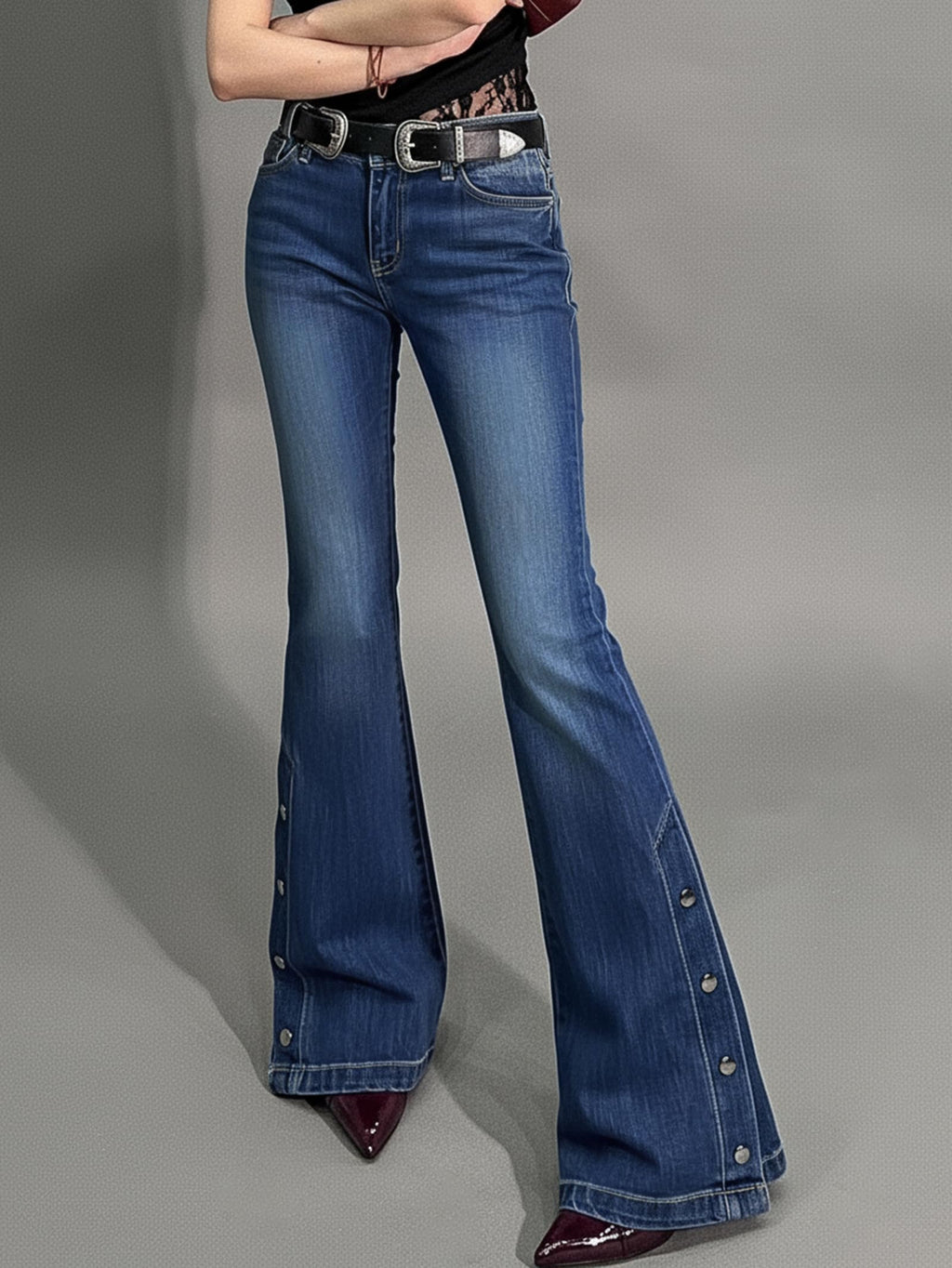 Women Bell Bottom Jeans  Flare Mid Rise Vintage Denim Pants 90s Y2k style