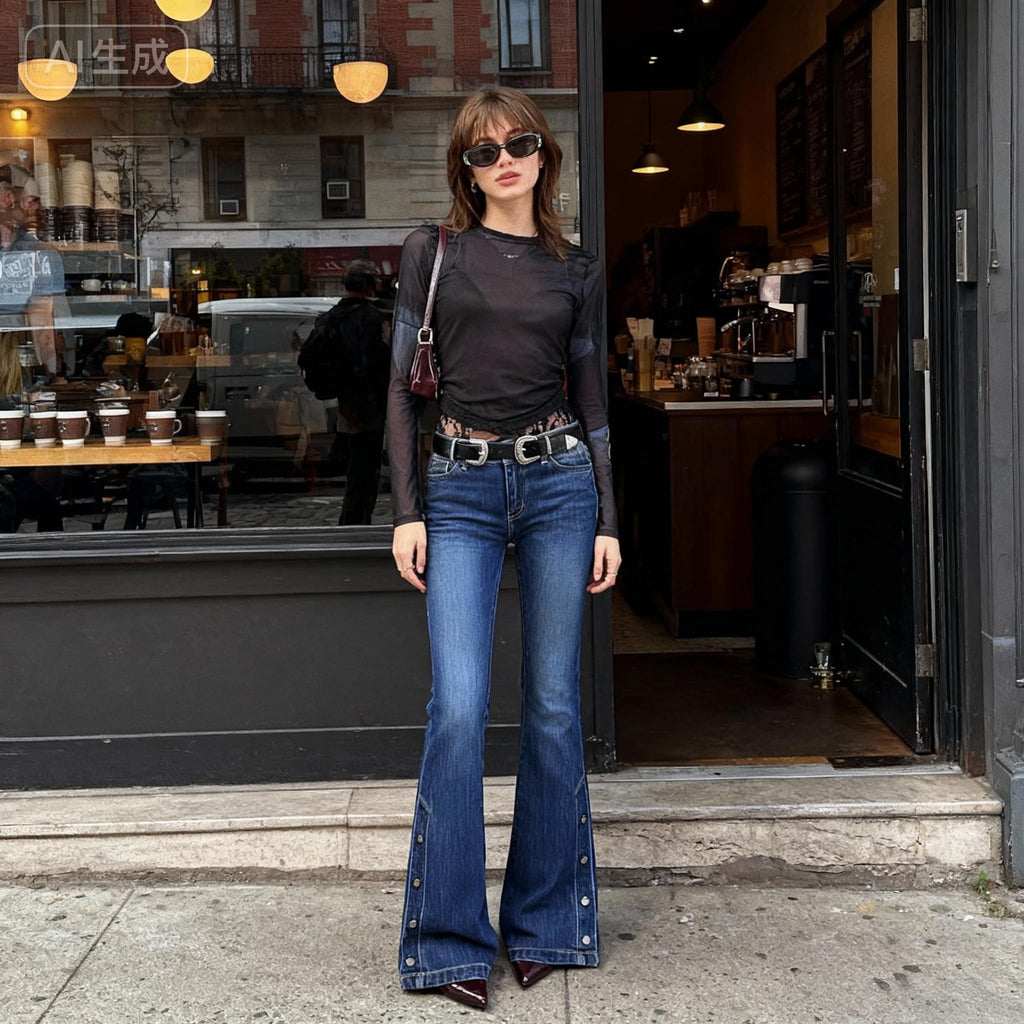 Women Bell Bottom Jeans  Flare Mid Rise Vintage Denim Pants 90s Y2k style